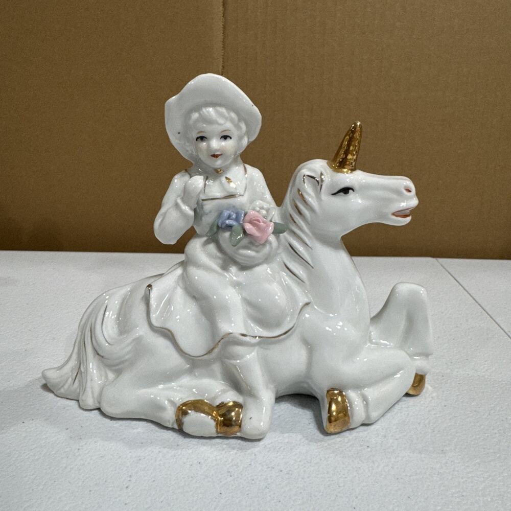 18 Daniel Brand Resting Unicorn & Girl Figurine Mythical Horse Statue Ceramic